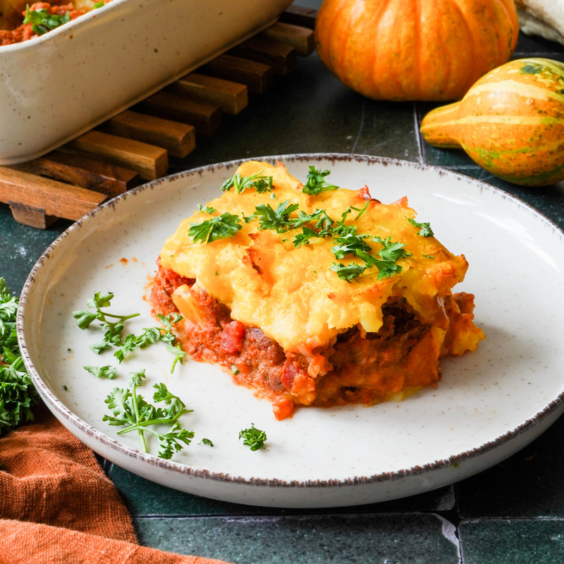 Kürbisauflauf mit veganem Hack