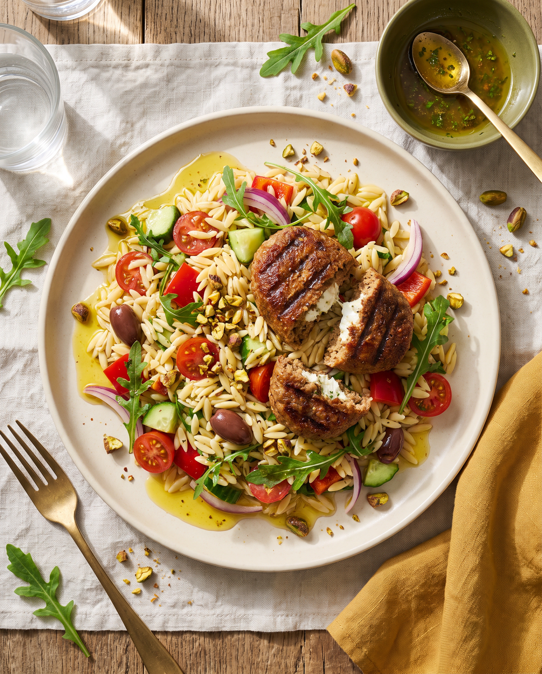 Kritharaki-Salat mit pflanzlichem Bifteki