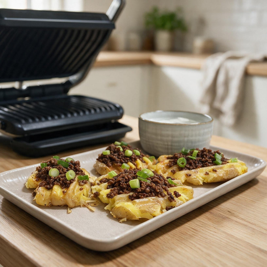 Vegane Smashed-Hack&Cheese-Potatoes vom Tefal OptiGrill
