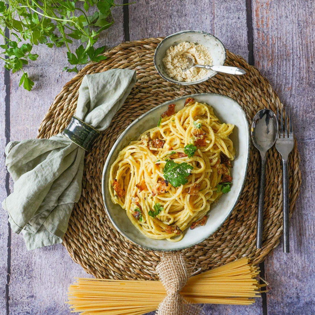 Spaghetti Carbonara Draufsicht