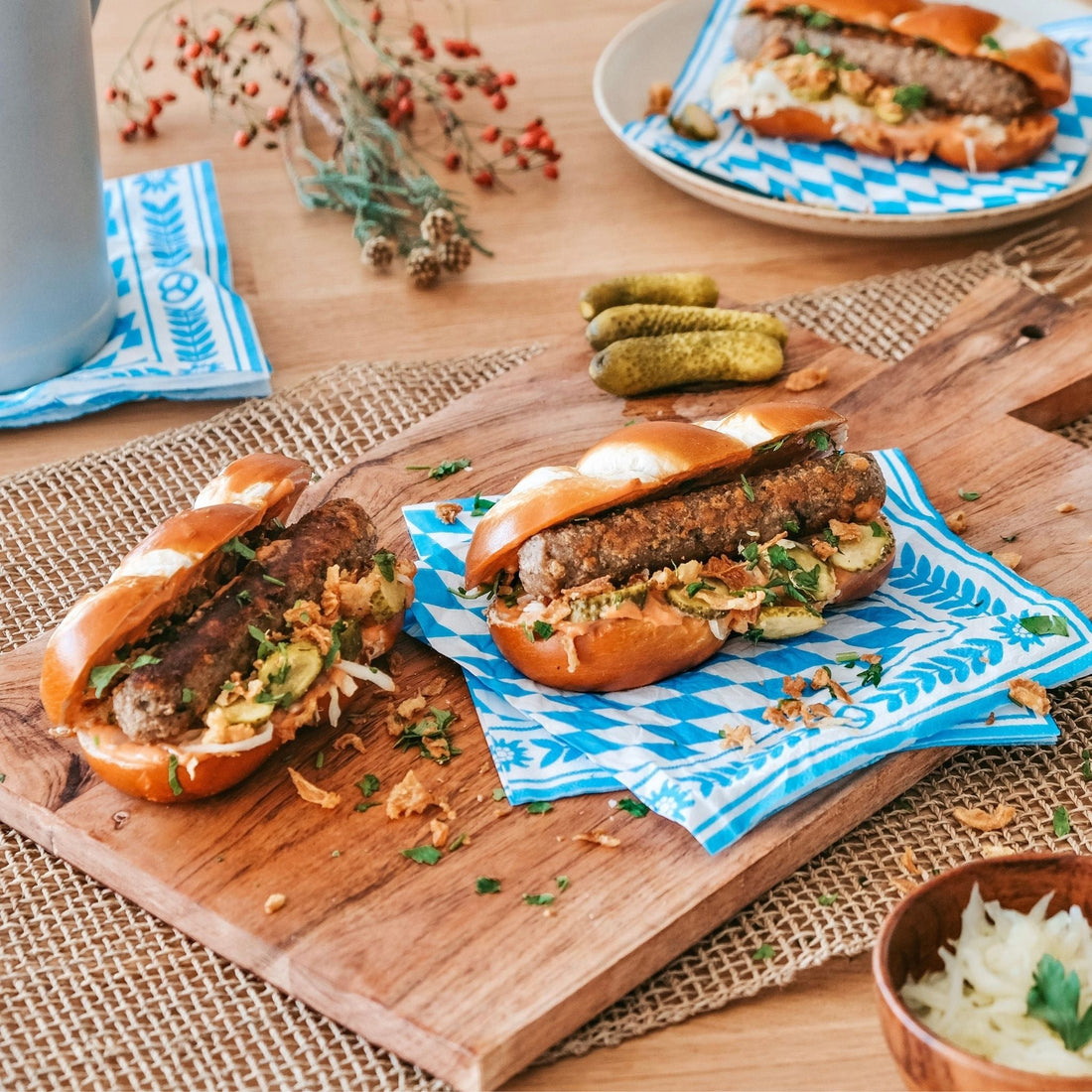 Oktoberfest hot dog with pretzel sticks