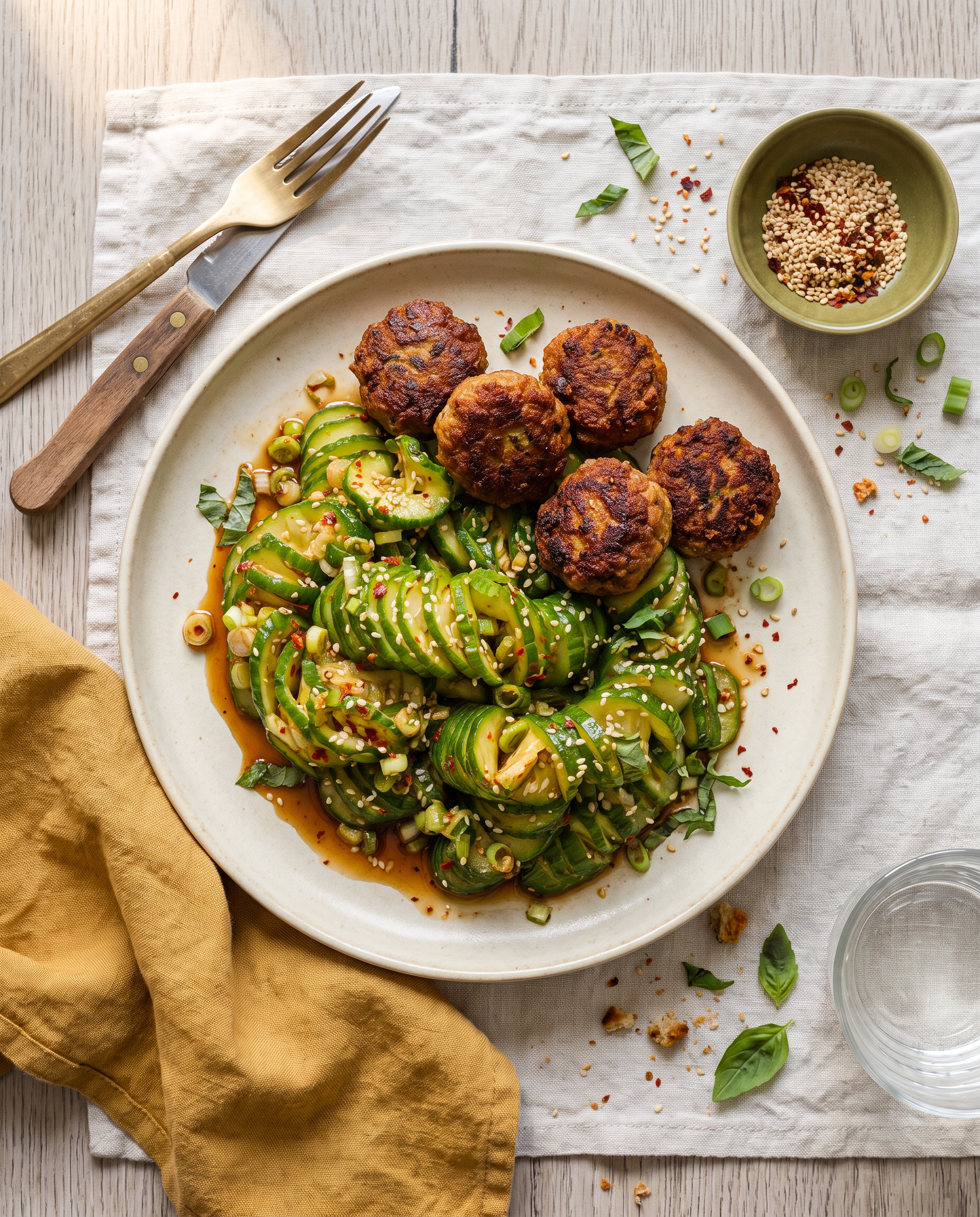 Gurken-Sesam-Salat mit Crispy Mini-Frika
