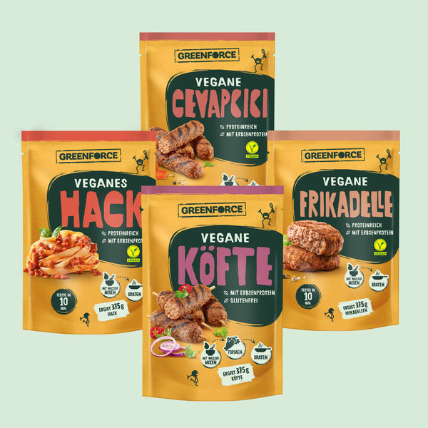 4 Packshots der veganen Fleischbällchen Box mit Hack, Köfte, Cevapcici und Frikadellen Mix